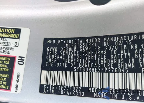 2015 Toyota Corolla L/Le/Le Pls/Prm/S/S Pls from USA, damaged, VIN 5YFBURHE7FP276045